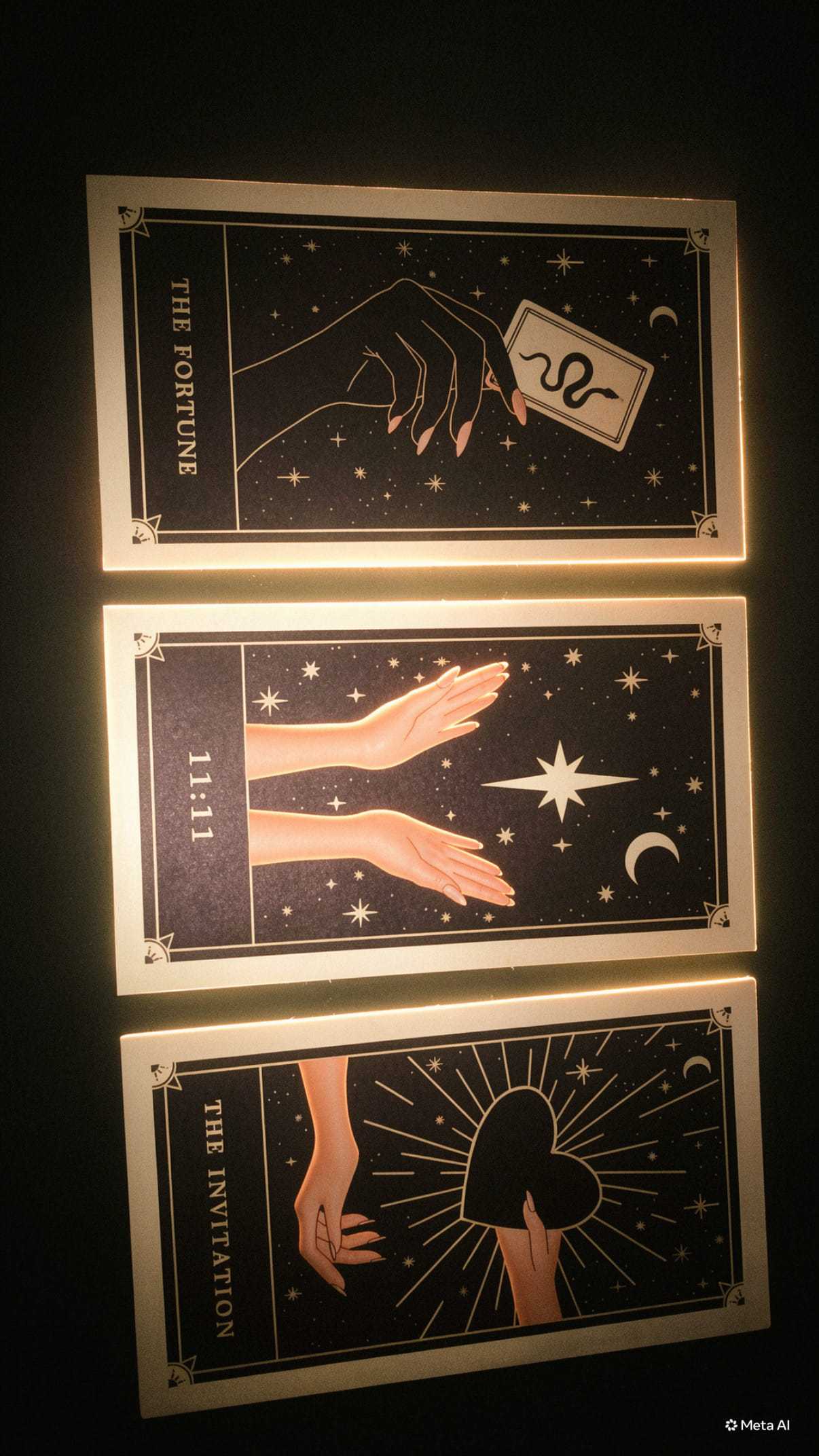 Tarot cards depicting fortune, celestial symbols, and a heart on a dark starry background.